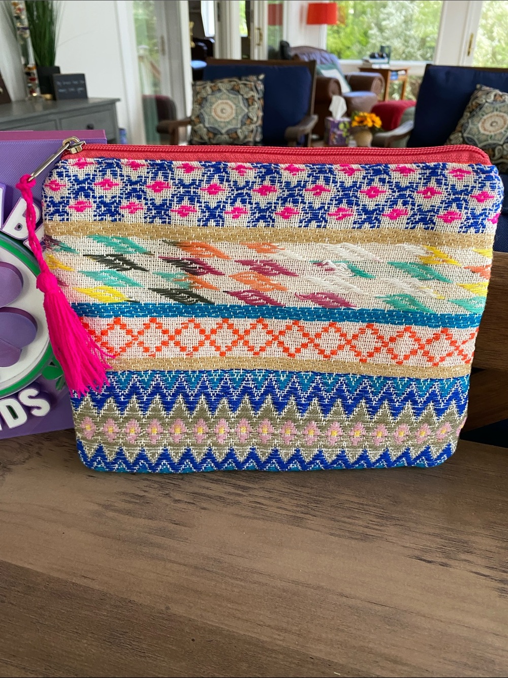 2 Chic Multicolor Woven Cosmetic Pouch with Hot Pink Tassel